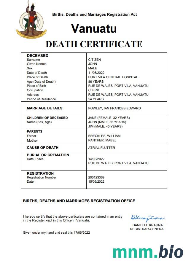 Vanuatu śmierć certyfikat Word i PDF szablon